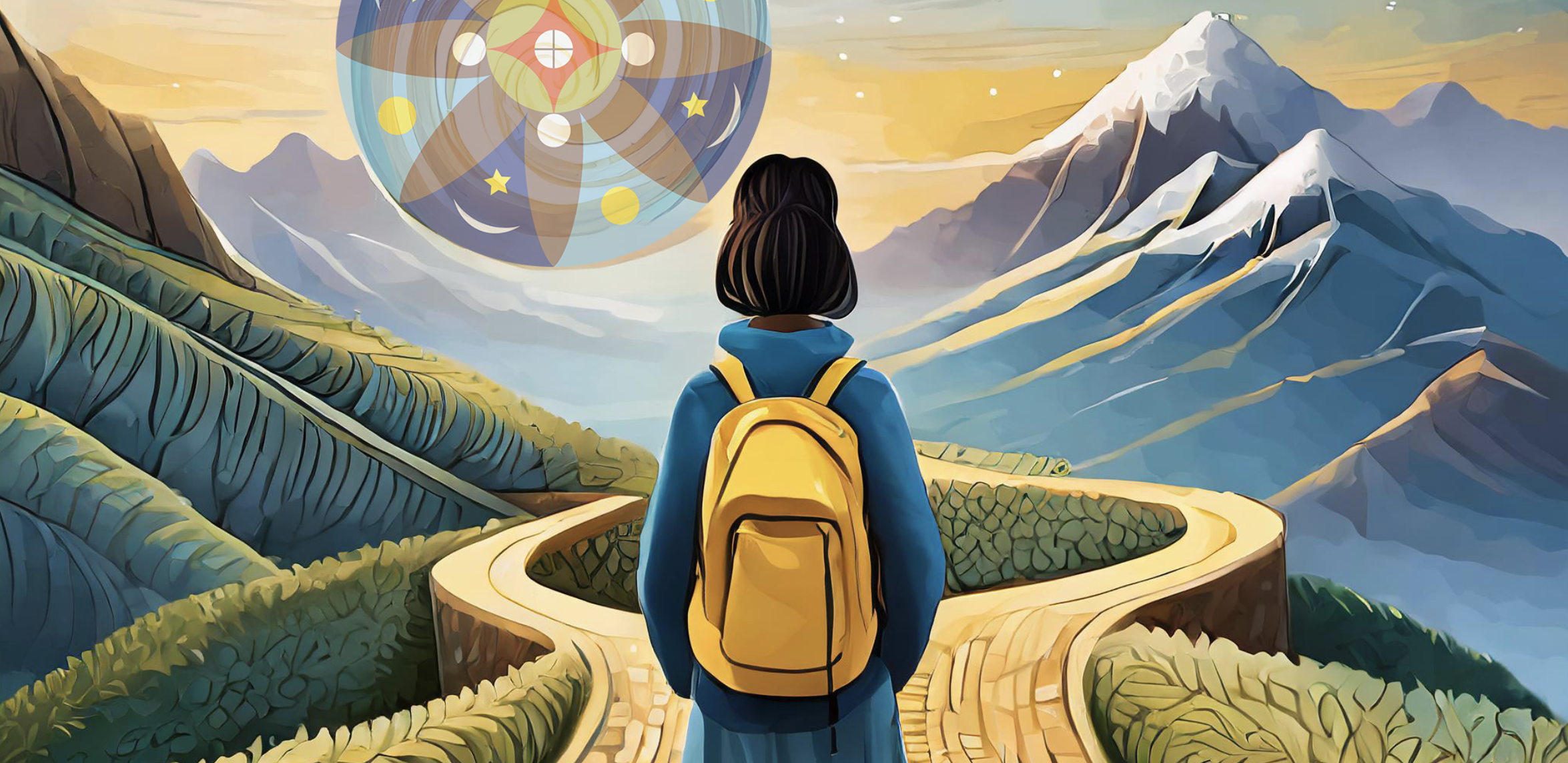 A person with a yellow backpack stands on a winding path, gazing at majestic mountains under a surreal celestial symbol in the sky.